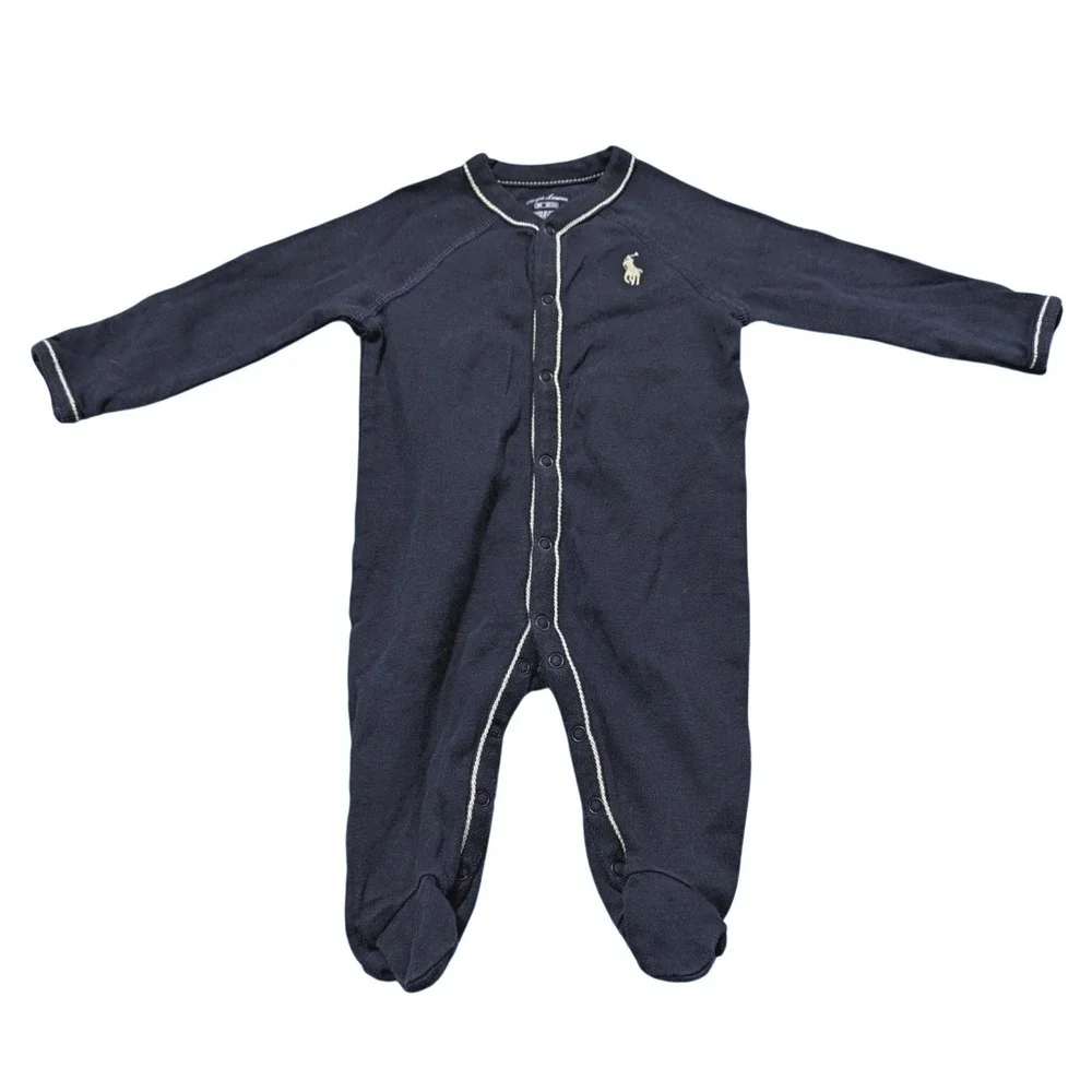 Ralph Lauren Baby Boy Navy Blue Footed Coverall Snap Front Sleeper 3M